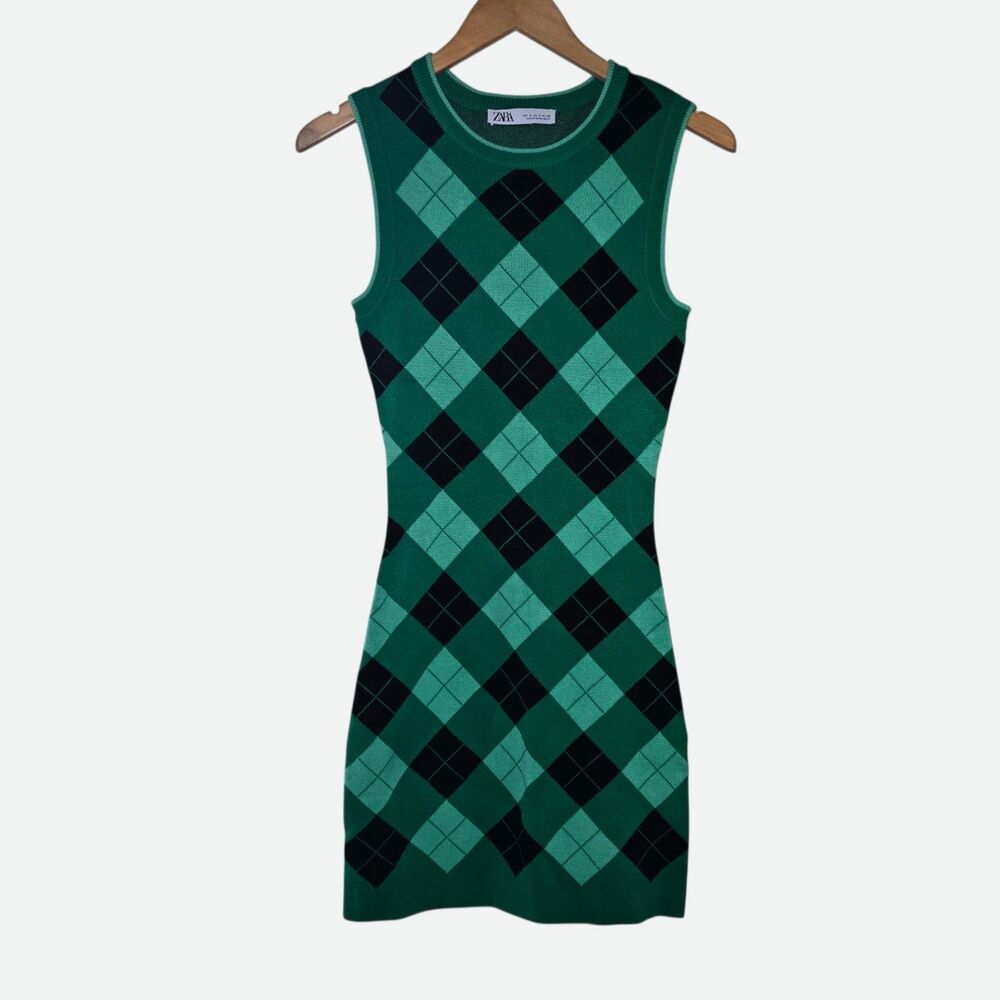 ZARA Green Argyle Knit Mini Dress Sleeveless Preppy Fitted Womens Small